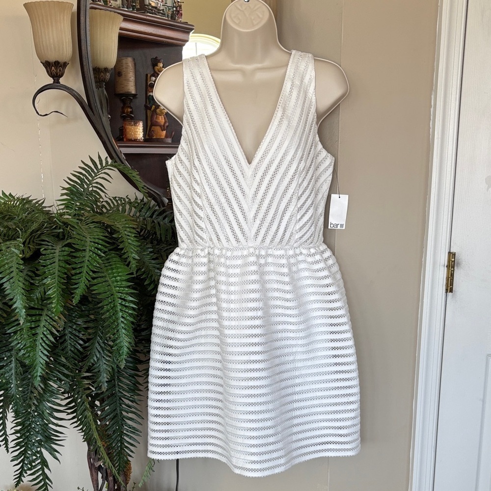 Brand New Bar III White Striped V-Neck Sleeveless Eyelet Fit & Flare Mini Dress